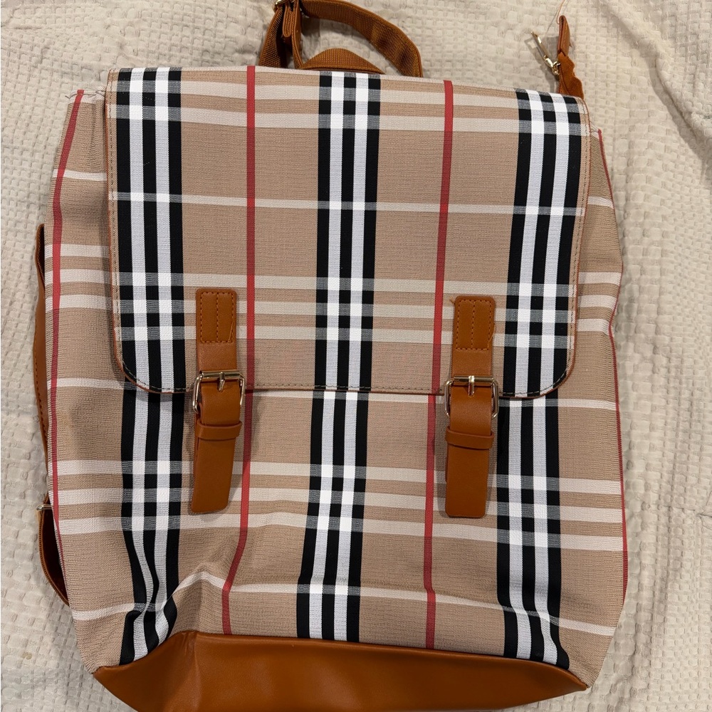 Tan Plaid Backpack with Brown Trim